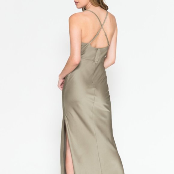 MAUVE SIMPLE SATIN PARTY BRIDSMAIDS EVENING MIDI SHEATH GOWN DRESS AC6115 - Picture 4 of 6